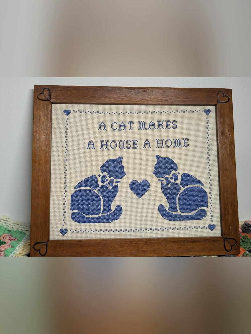 Cottagecore Blue Cat Cross-Stitch Wall Art - A Cat Makes A House A Home 🩵